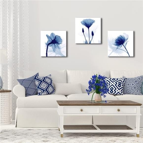 Blue Abstract Flowers 3 Panels Giclee Canvas Prints Wall Art Modern Pictures Art - Picture 3 of 7